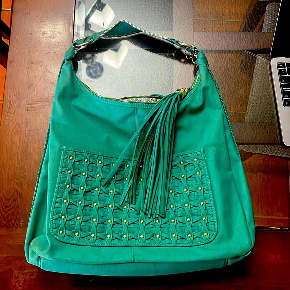 BIG BUDDAH GOLD STUDDED GREEN/TEAL PURSE SHOULDER BAG